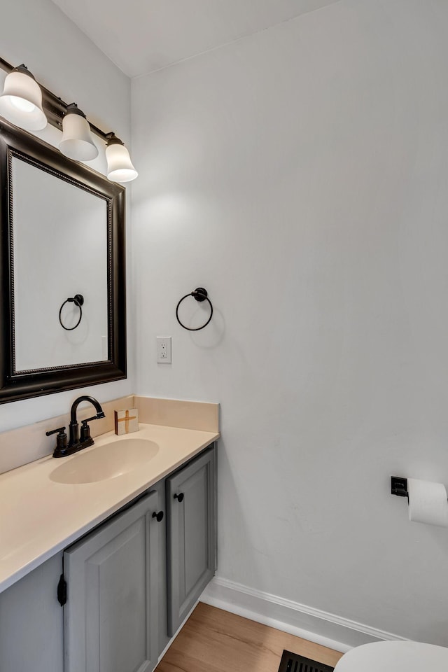 bathroom with hardwood / wood-style flooring and vanity