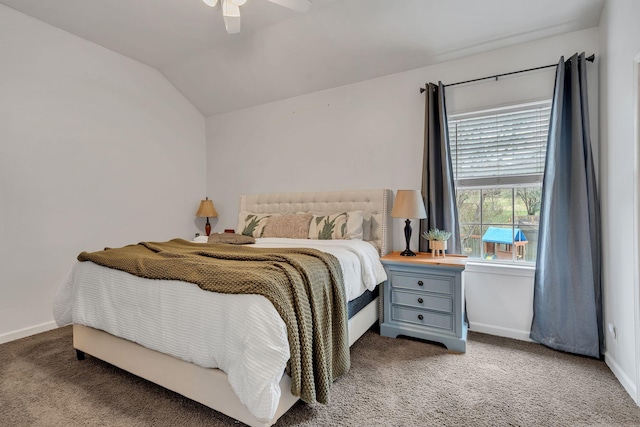 bedroom featuring lofted ceiling, carpet floors, and ceiling fan