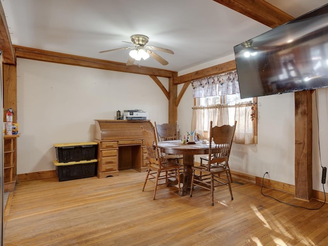 dining space with baseboards, light wood finished floors, and a ceiling fan