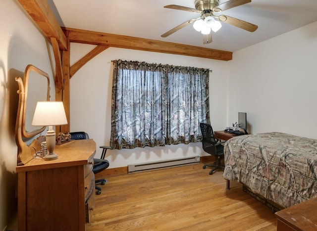 bedroom with baseboard heating, light wood-style floors, and a ceiling fan