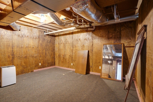 basement with wood walls and carpet floors
