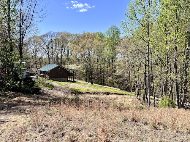 view of yard featuring a view of trees and an outdoor structure
