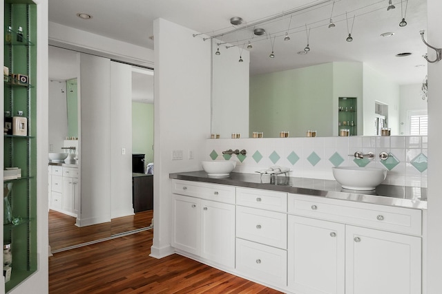 bathroom featuring vanity, hardwood / wood-style floors, and backsplash