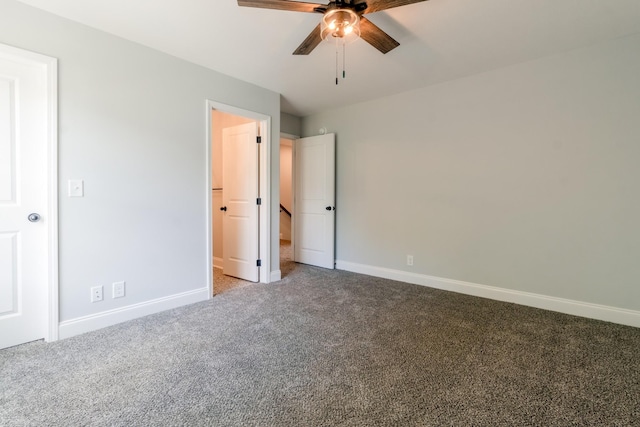 unfurnished bedroom featuring ceiling fan and carpet flooring