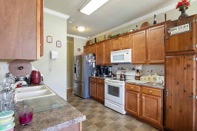 kitchen featuring tasteful backsplash, white appliances, ornamental molding, and sink