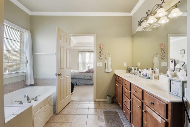 bathroom with ornamental molding, vanity, tile patterned floors, and a washtub