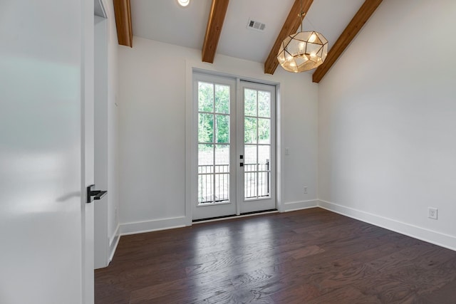 doorway with vaulted ceiling with beams, dark wood-type flooring, french doors, and a chandelier