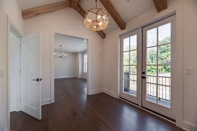 entryway featuring dark hardwood / wood-style flooring, lofted ceiling with beams, french doors, and a chandelier