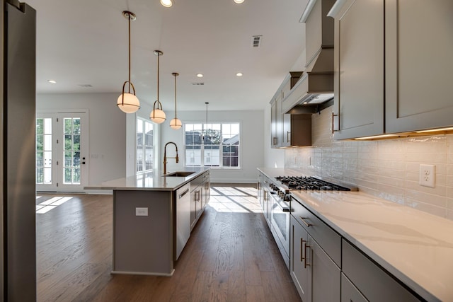 kitchen featuring decorative light fixtures, sink, decorative backsplash, stainless steel appliances, and a center island with sink