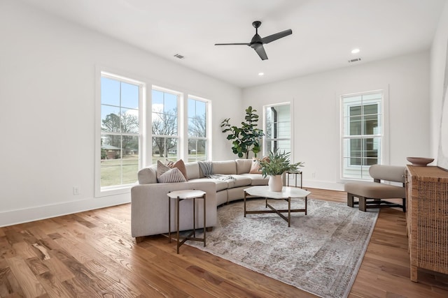 living room featuring ceiling fan and wood-type flooring