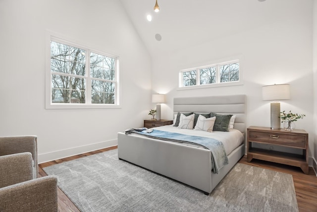 bedroom with wood-type flooring and high vaulted ceiling