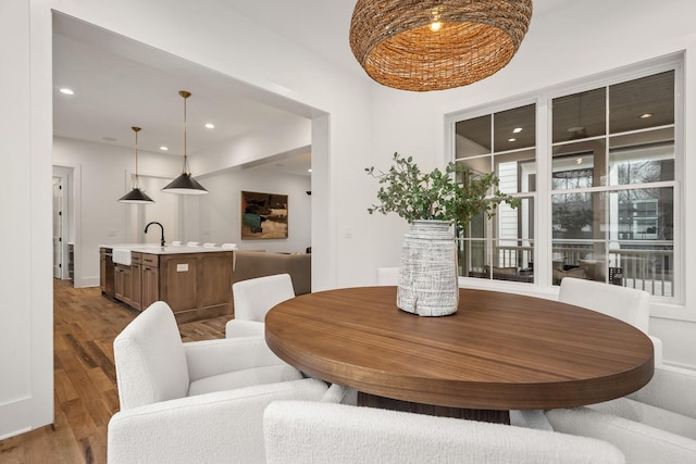 dining room with hardwood / wood-style flooring and sink