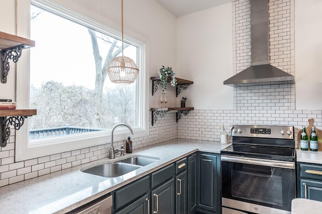 kitchen featuring stainless steel electric range, sink, backsplash, light stone countertops, and wall chimney exhaust hood