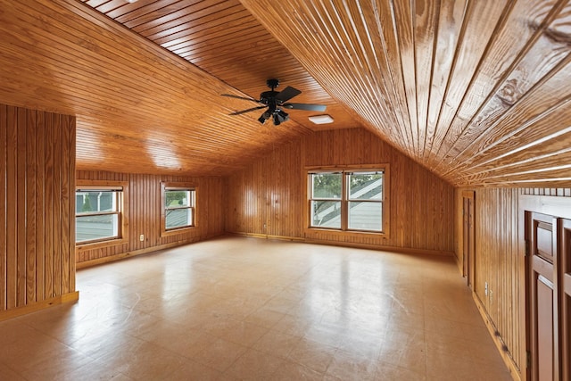 bonus room with wood ceiling, a wealth of natural light, and wood walls