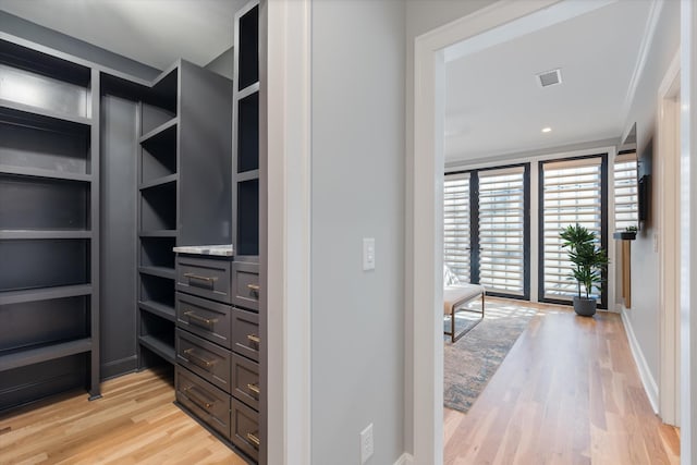 spacious closet featuring light hardwood / wood-style flooring