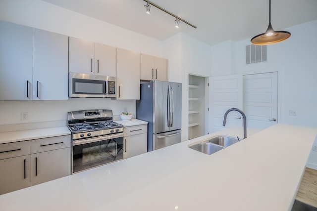 kitchen featuring wood-type flooring, sink, hanging light fixtures, stainless steel appliances, and track lighting