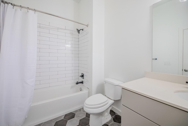 full bathroom with tile patterned flooring, vanity, shower / tub combo with curtain, and toilet