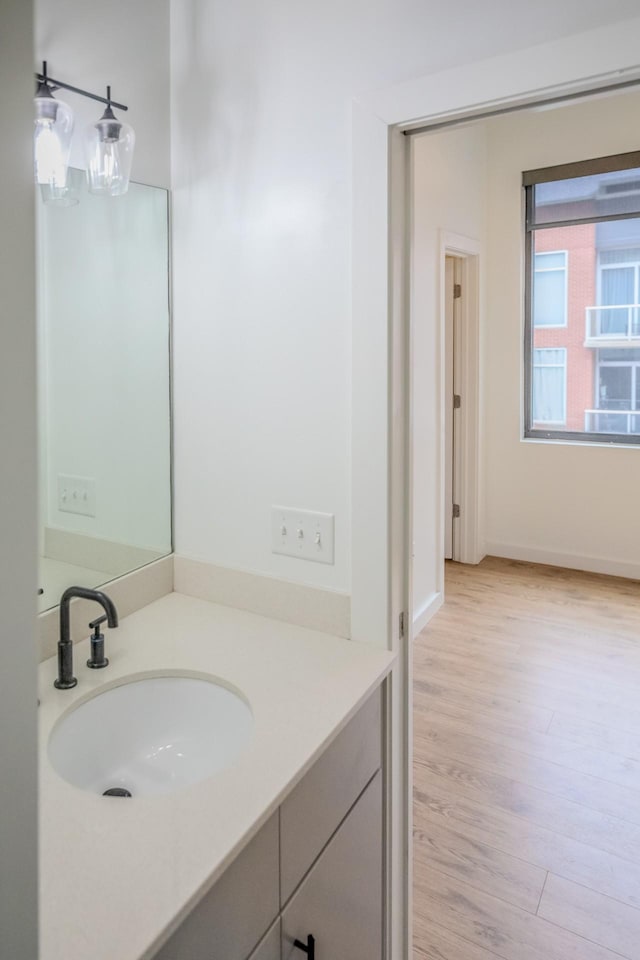 bathroom with vanity and hardwood / wood-style floors