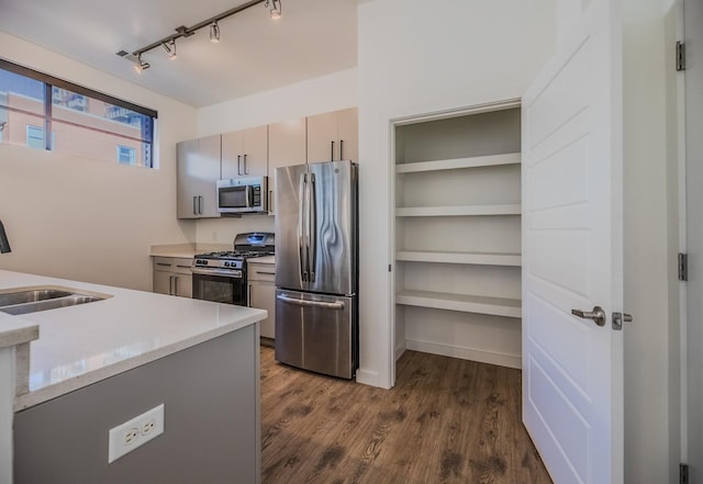 kitchen with light countertops, a sink, dark wood finished floors, rail lighting, and stainless steel appliances