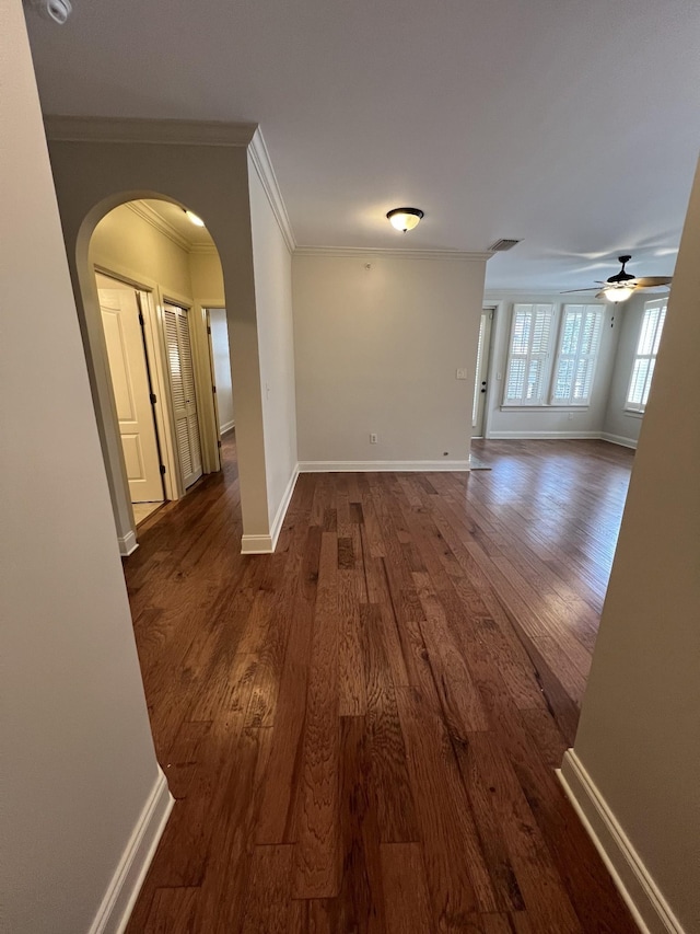 hall featuring crown molding and dark hardwood / wood-style flooring