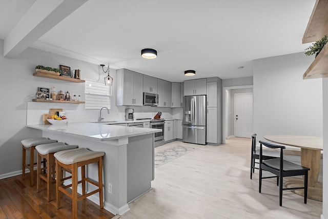 kitchen featuring sink, gray cabinets, appliances with stainless steel finishes, decorative backsplash, and kitchen peninsula