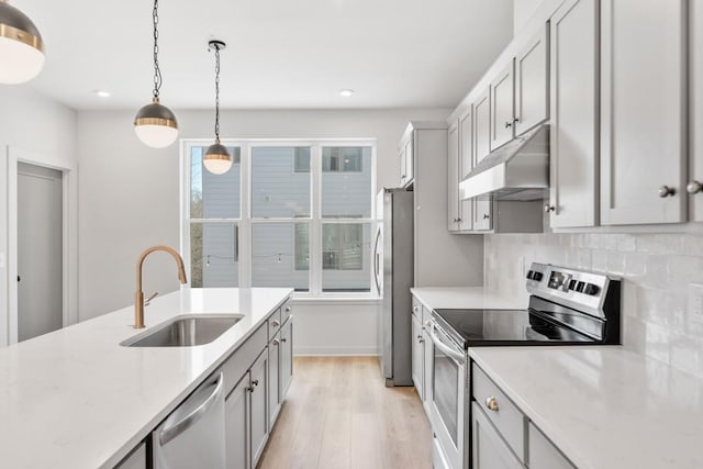 kitchen with sink, decorative light fixtures, light wood-type flooring, appliances with stainless steel finishes, and backsplash