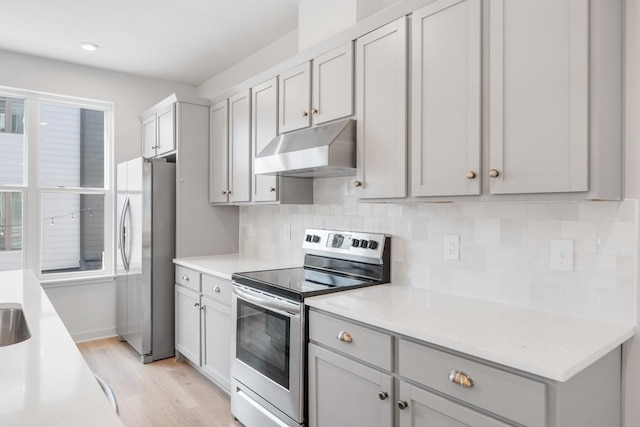 kitchen with backsplash, light hardwood / wood-style flooring, plenty of natural light, and appliances with stainless steel finishes