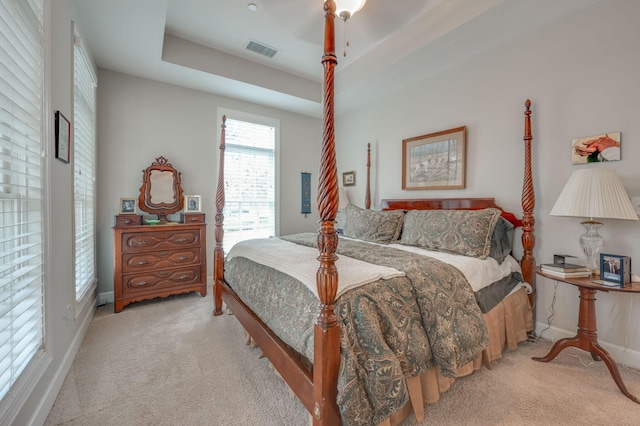 bedroom featuring a raised ceiling and light carpet