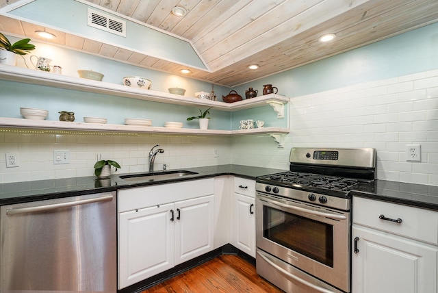 kitchen with sink, white cabinets, decorative backsplash, wood ceiling, and stainless steel appliances