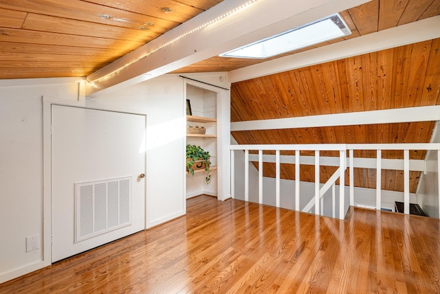 additional living space with hardwood / wood-style flooring, lofted ceiling with skylight, and wood ceiling