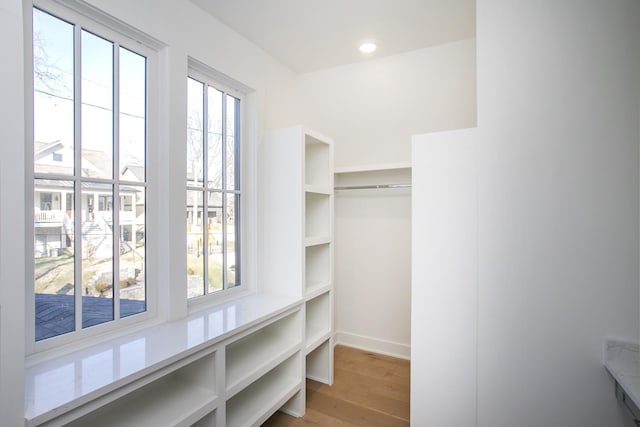 walk in closet with hardwood / wood-style floors