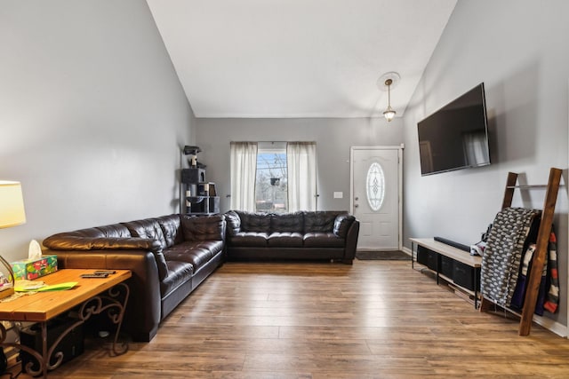 living room with wood-type flooring and high vaulted ceiling