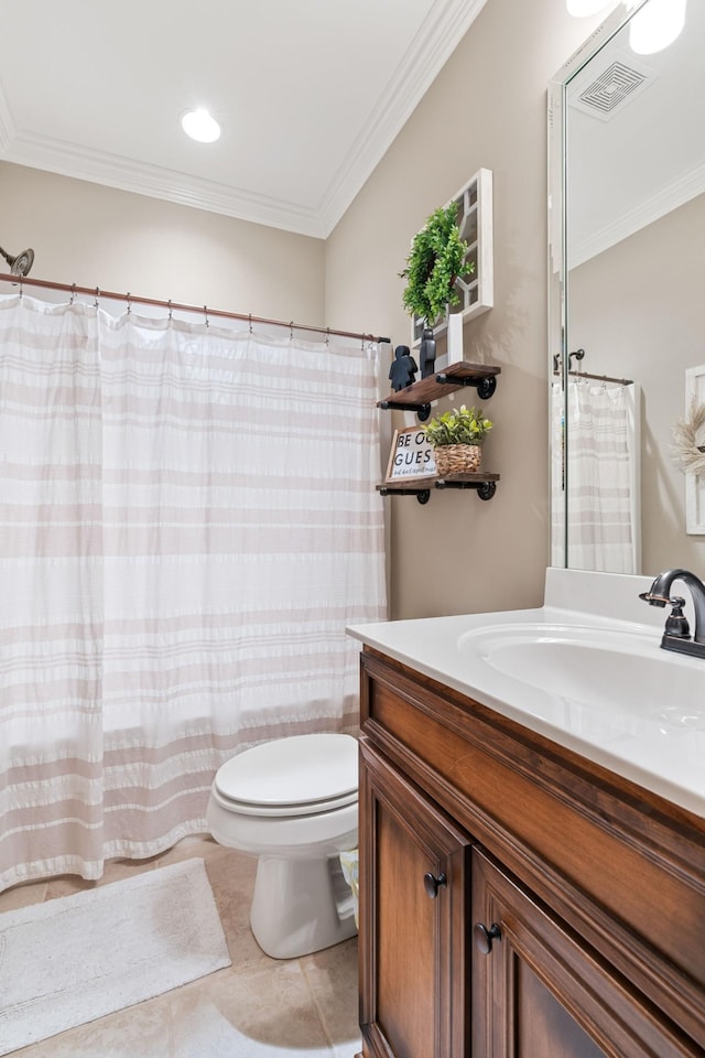 bathroom with crown molding, tile patterned floors, vanity, and toilet