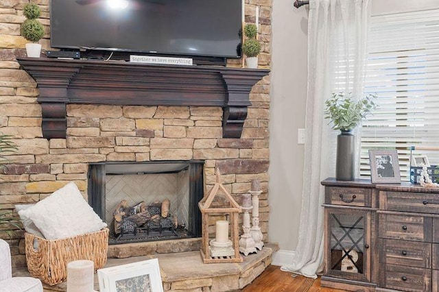 room details featuring hardwood / wood-style flooring and a stone fireplace