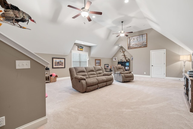 living room featuring vaulted ceiling and light carpet