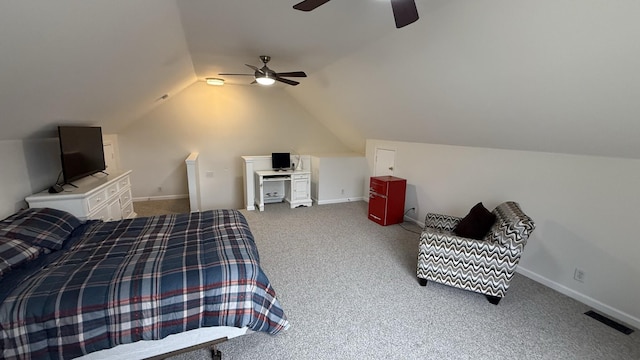 carpeted bedroom featuring vaulted ceiling and ceiling fan