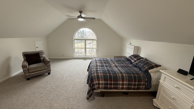 bedroom with lofted ceiling, carpet, and ceiling fan