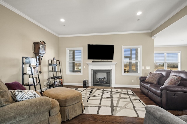 living room featuring ornamental molding and wood-type flooring