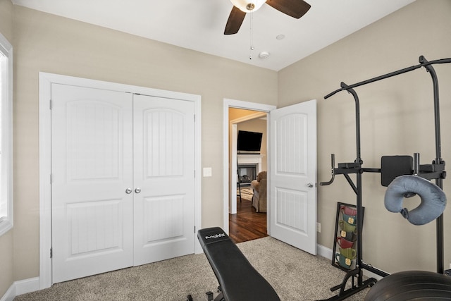 workout room featuring carpet floors and ceiling fan