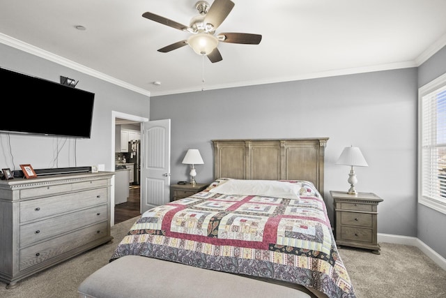 bedroom featuring light carpet, crown molding, and ceiling fan