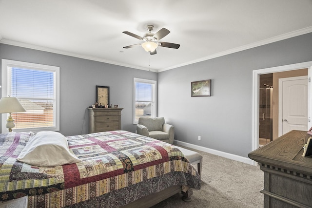 bedroom featuring carpet floors, ornamental molding, and ceiling fan