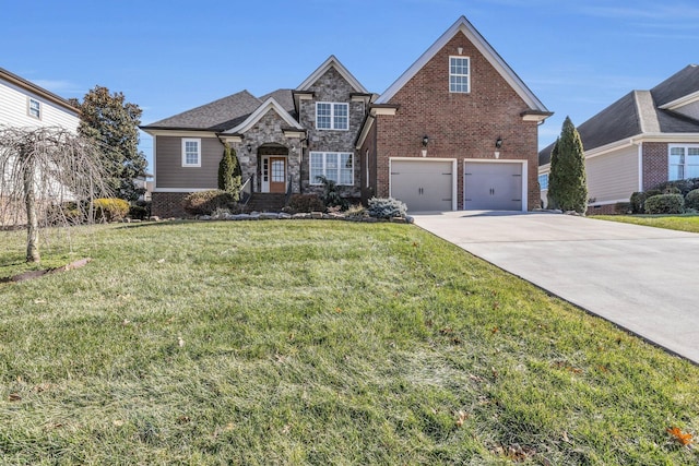 view of front of home with a garage and a front lawn