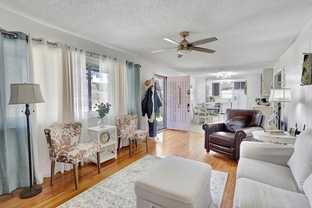 living room featuring a wealth of natural light, a textured ceiling, and light hardwood / wood-style flooring