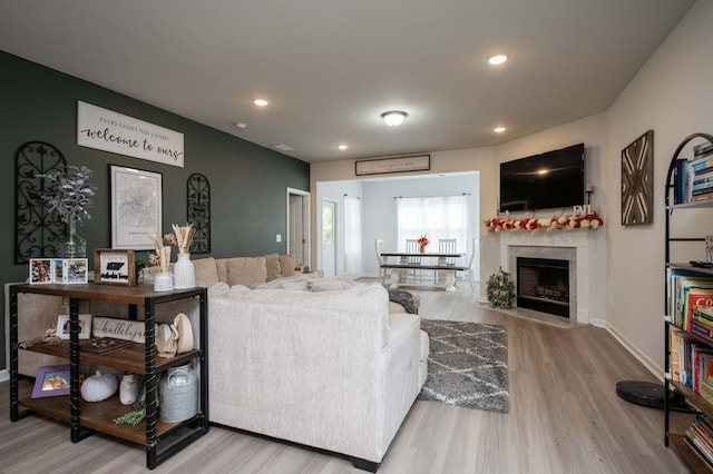 living room with hardwood / wood-style flooring and a high end fireplace