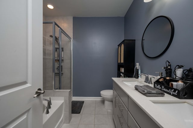 full bathroom with independent shower and bath, vanity, tile patterned floors, and toilet