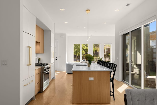 kitchen featuring white cabinetry, a center island with sink, light wood-type flooring, a kitchen breakfast bar, and high end stainless steel range oven