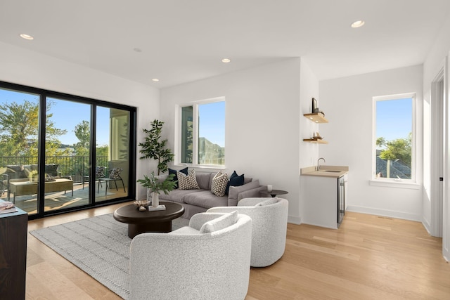 living room with light hardwood / wood-style floors and sink