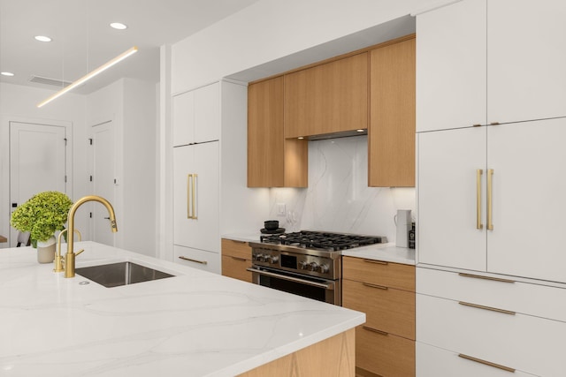 kitchen featuring white cabinetry, premium appliances, light stone countertops, and sink