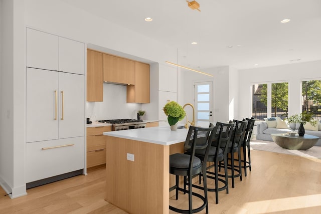 kitchen featuring light hardwood / wood-style flooring, an island with sink, white cabinets, and a kitchen bar