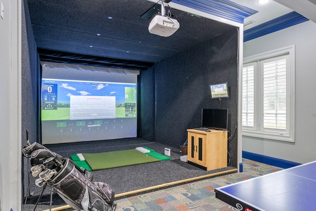 rec room with crown molding, golf simulator, and dark carpet